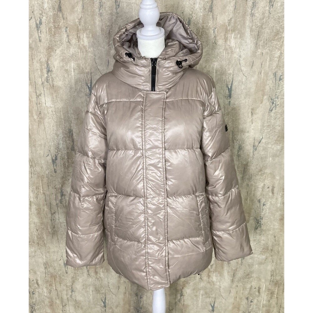 TWO by VINCE CAMUTO Sz Large Tan Water/Wind Resist Hooded Puffer Coat EUC